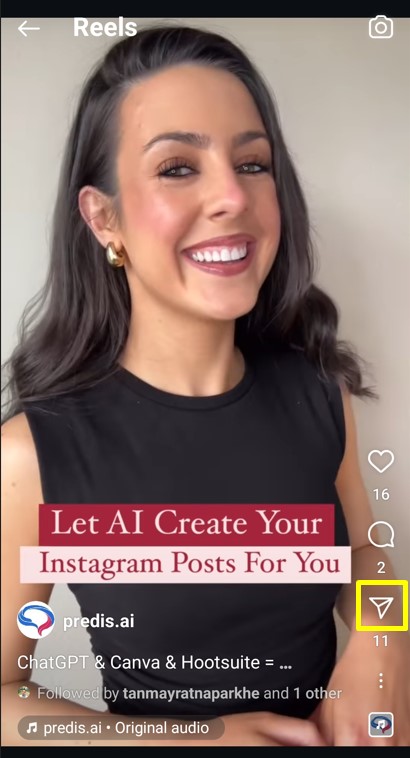 Click on Instagram's paper airplane icon for sharing