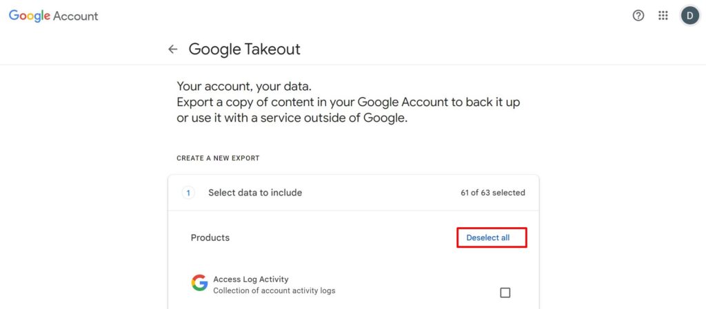 Google takeout - select data for products