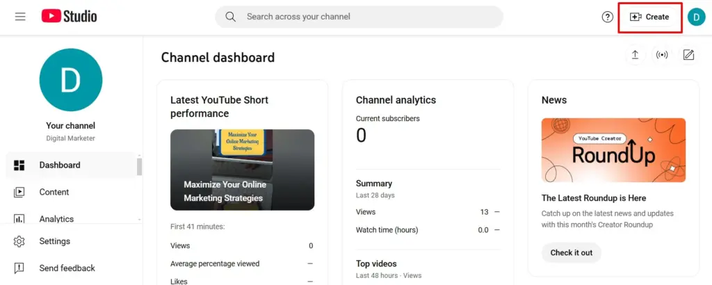 YouTube Studio desktop dashboard