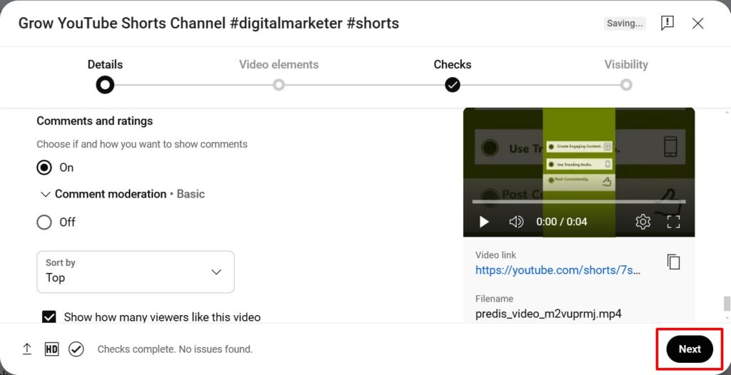 Comments settings for YouTube Short