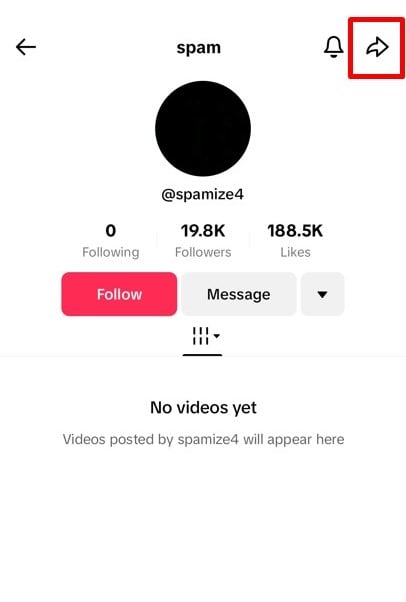 TikTok profile view with Share button in top right corner