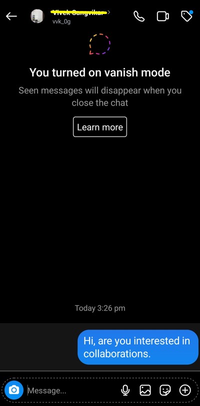 Instagram chat with Vanish Mode on