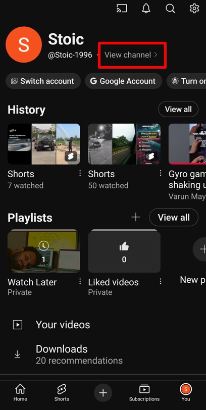 YouTube app profile page