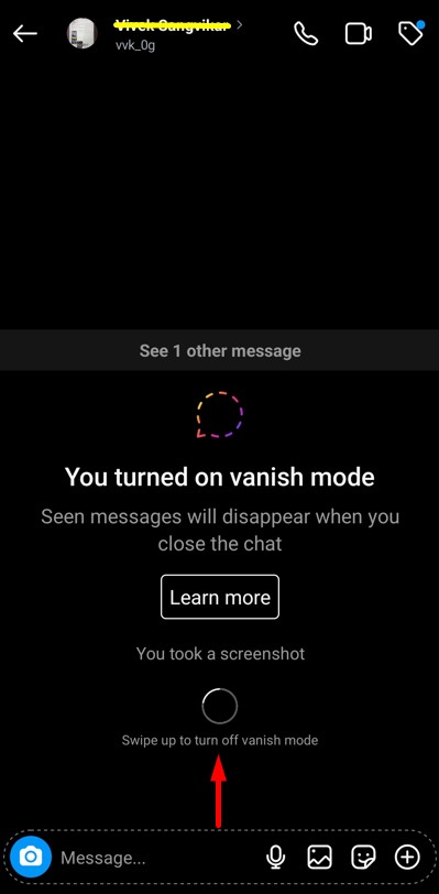 Swipe up in chats to turn off Vanish mode