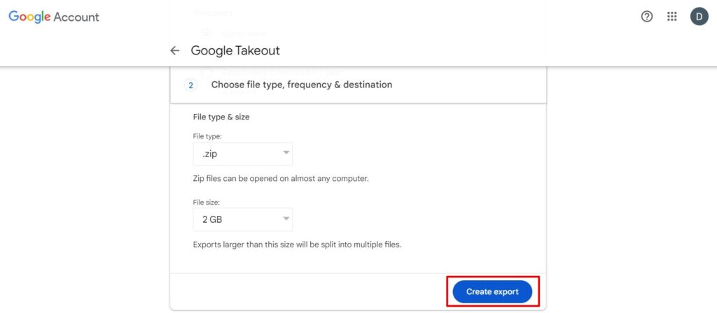 Choose file type and size for backup