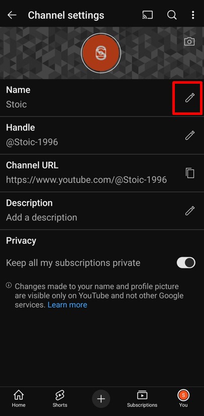 Channel settings in YouTube app