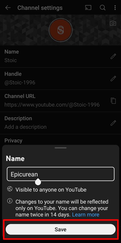 Change YouTube channel name and save