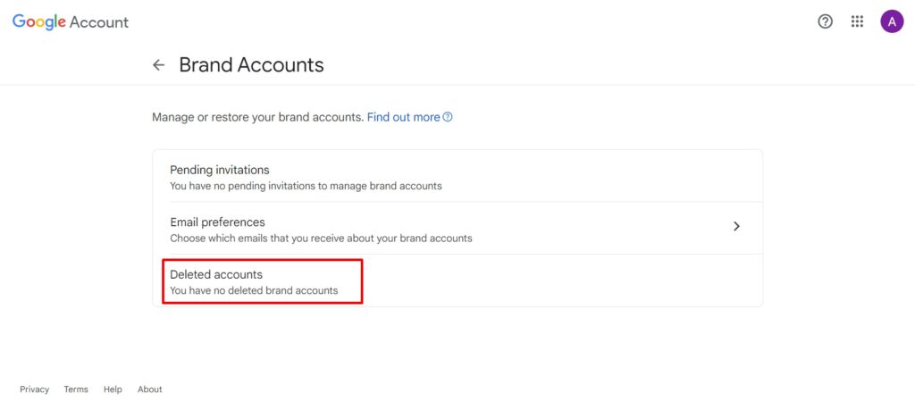 Brand Accounts option in Google Account