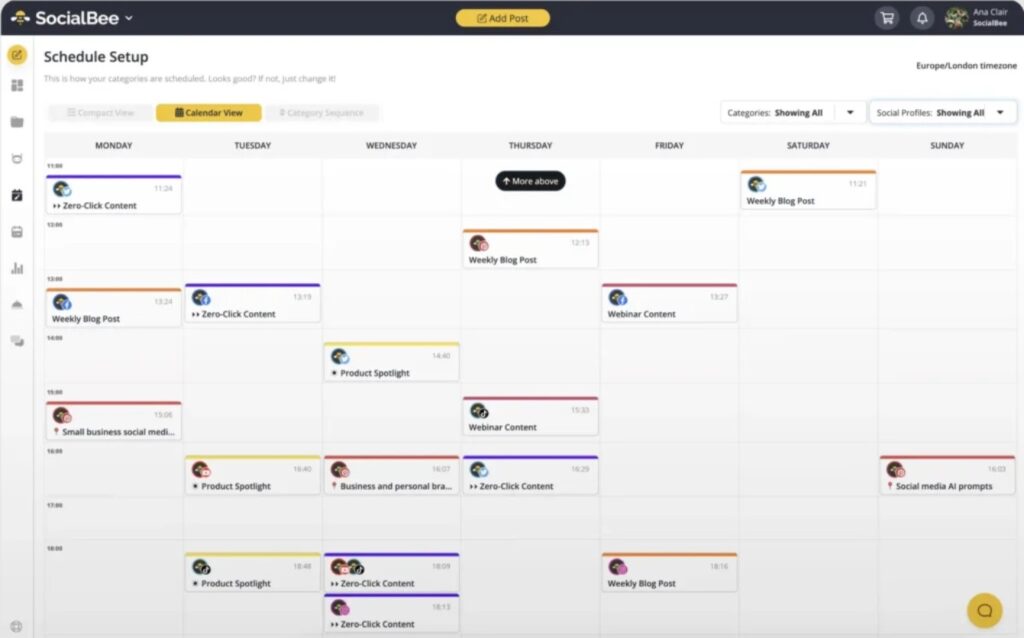 SocialBee Content calendar