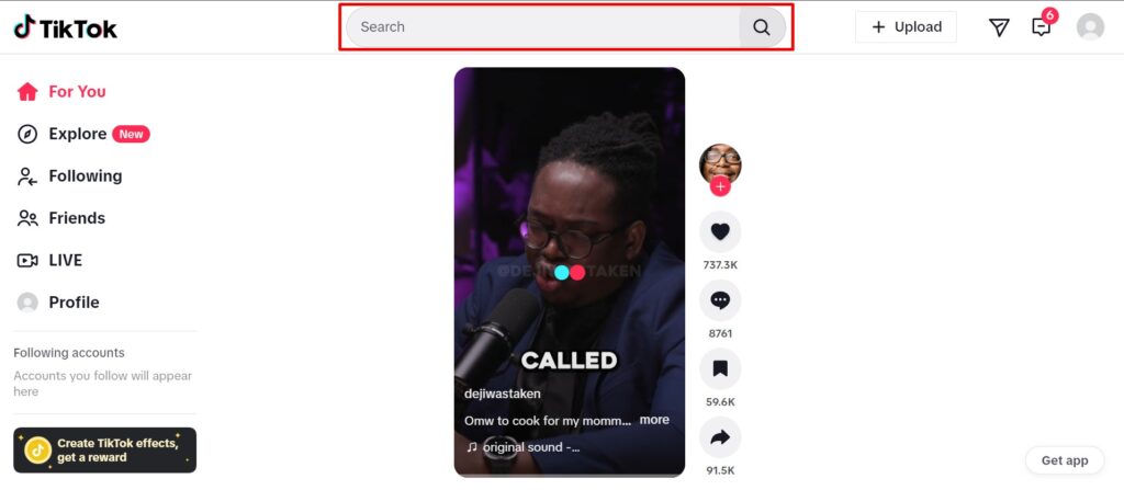 TikTok website search bar