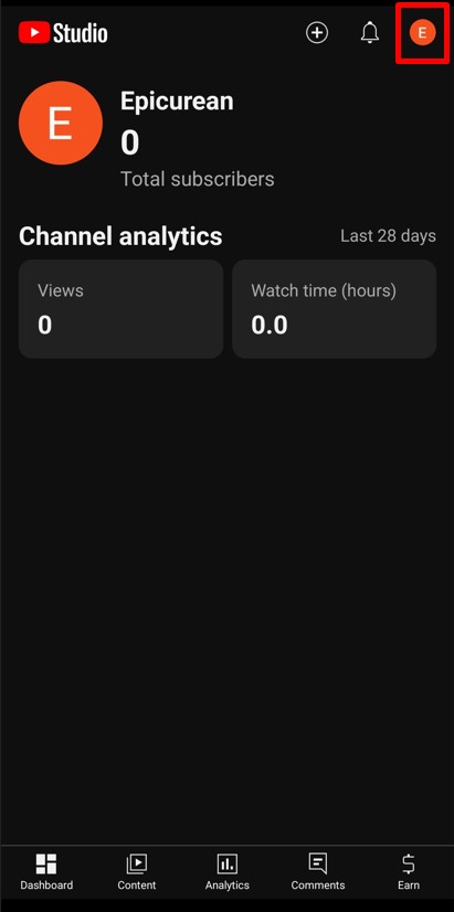 YouTube Studio app Dashboard