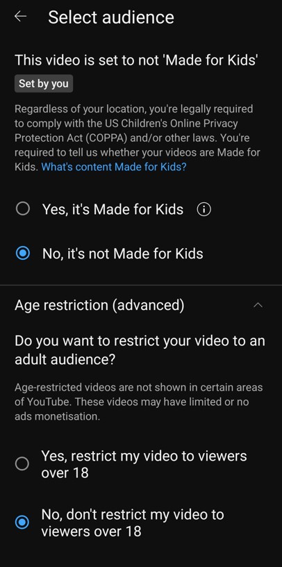 Select Audience and Age restrictions