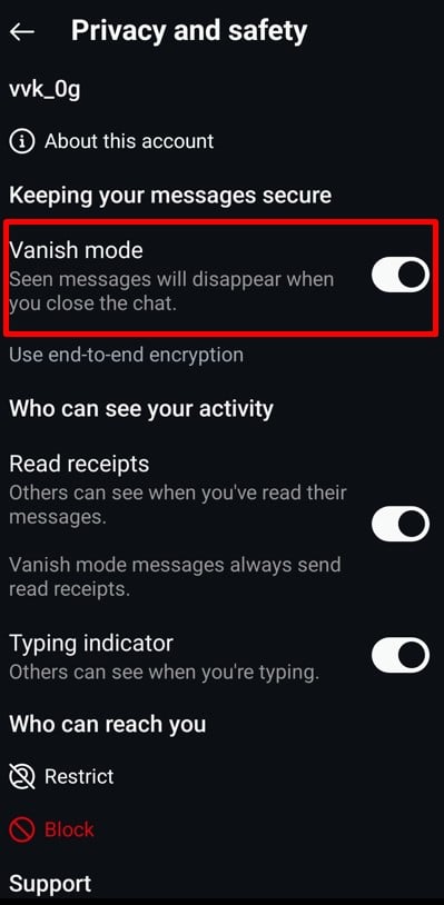 Look for Vanish mode toggle