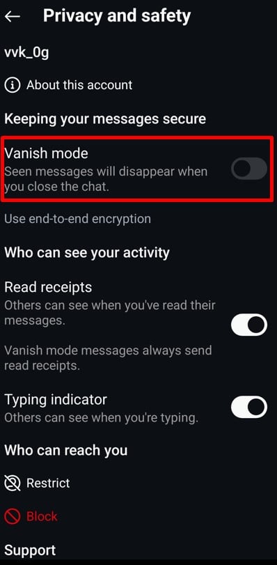 Switch Vanish mode toggle off