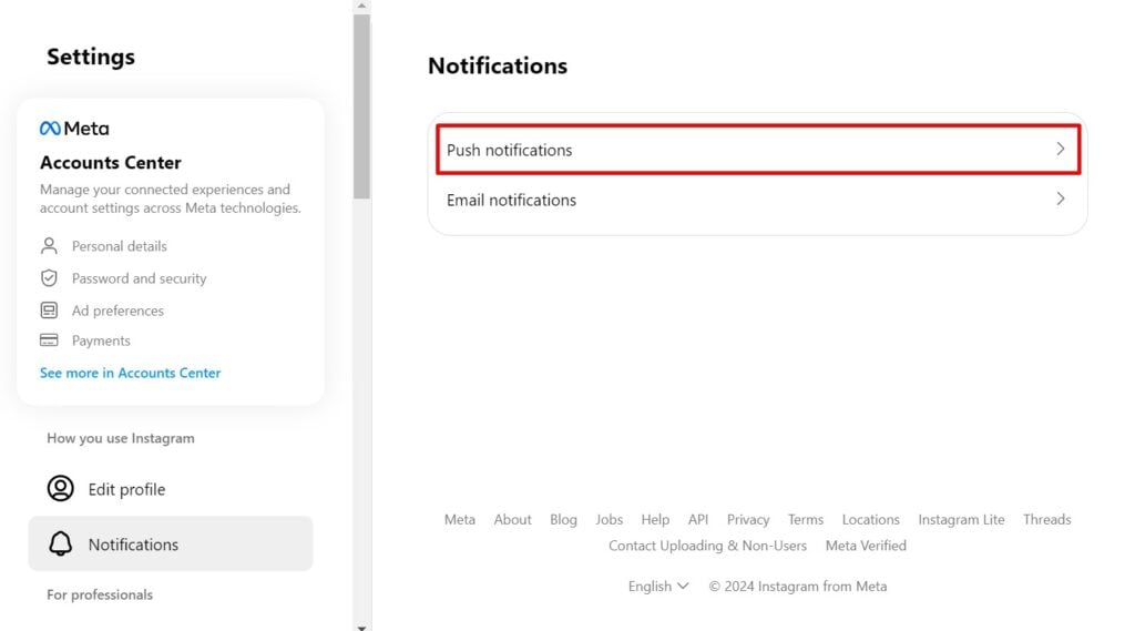 Push notifications and Email notifications in Notifications tab