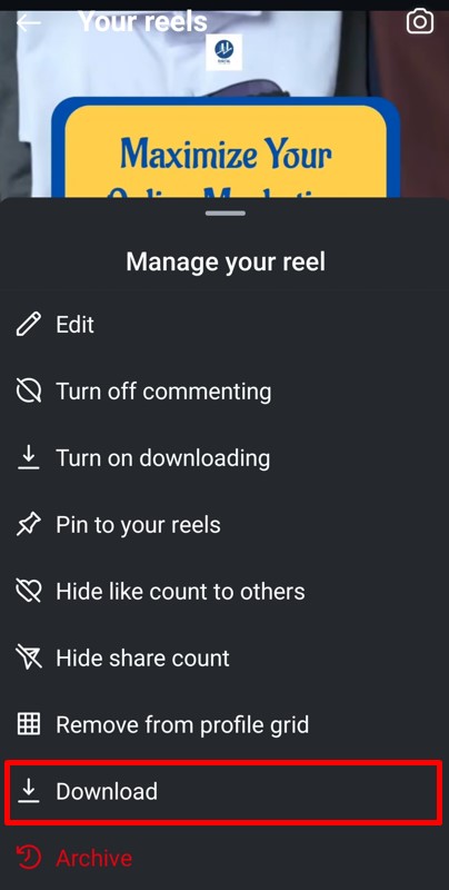 Download button to download Reel to  your devices gallery