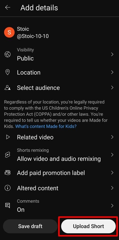 YouTube Shorts settings and details page for uploading the Short