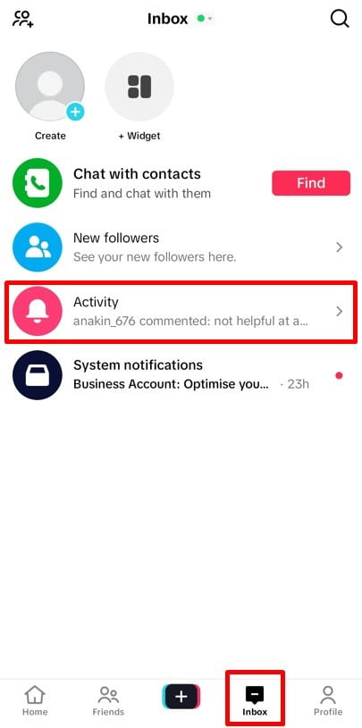 Inbox section in TikTok app