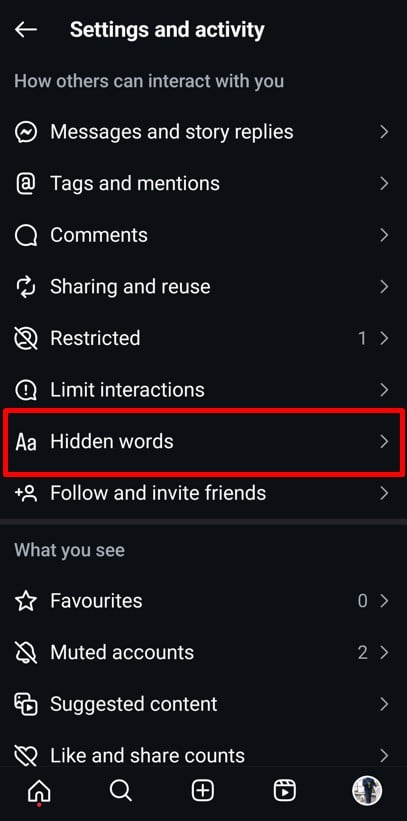 Hidden words option in Settings and activity