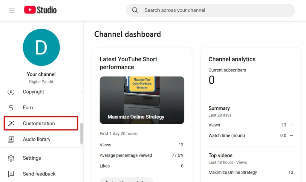 Customization option in YouTube Studio