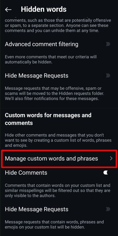 Manage custom words and phrases option