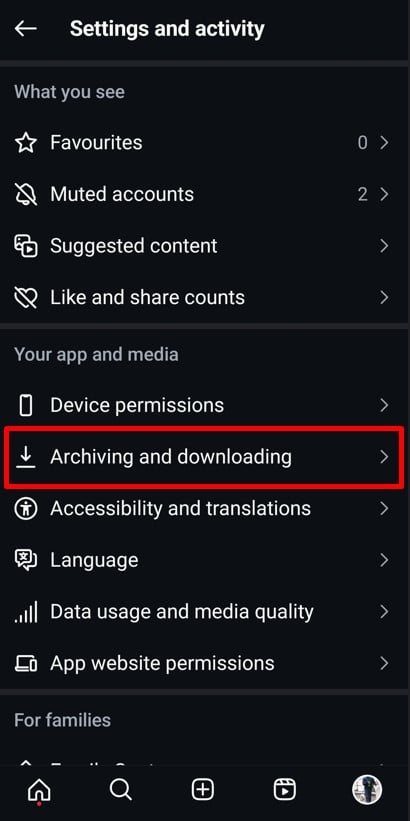 Archiving and downloading option in Settings and activity