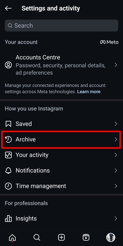 Archive option in Instagram Settings Menu