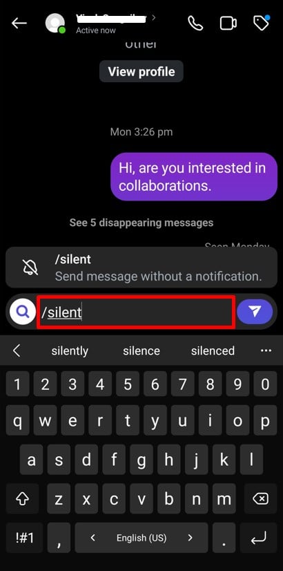 Silent message feature on Instagram