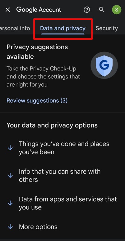 Data and privacy tab in Google account