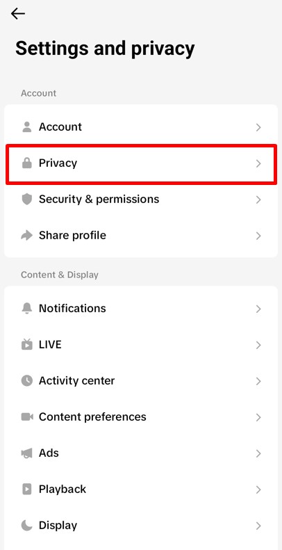 Privacy option in Account settings