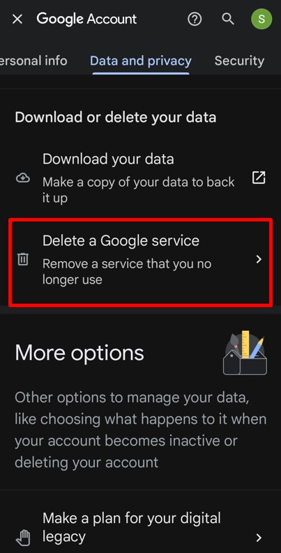 Delete a Google service option