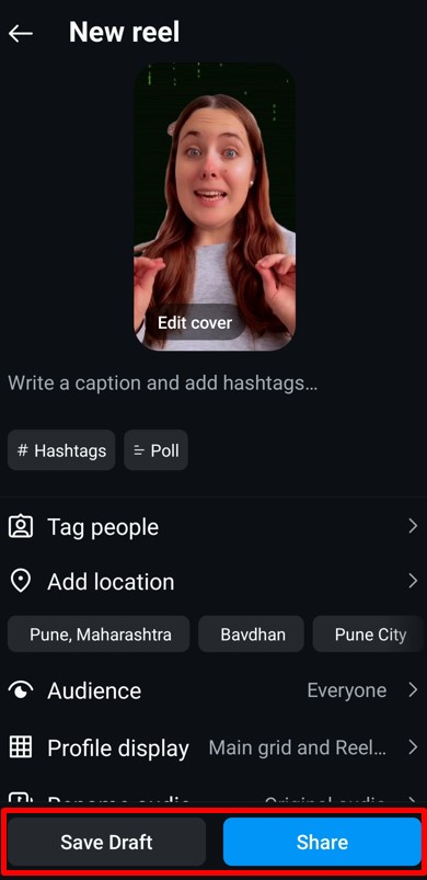 Options to Save Draft or Share to repost reel on Instagram