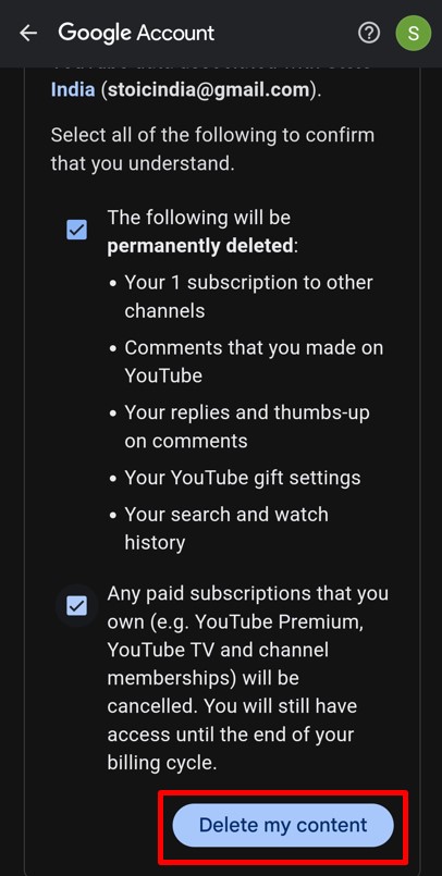 Check boxes to delete YouTube channel