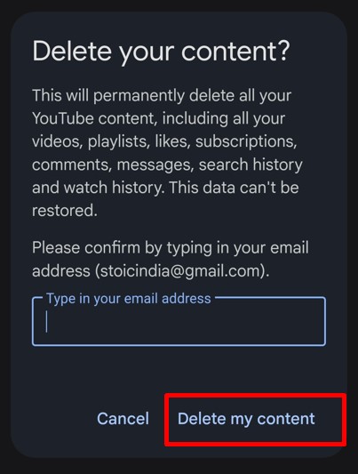 Delete content confirmation pop-up