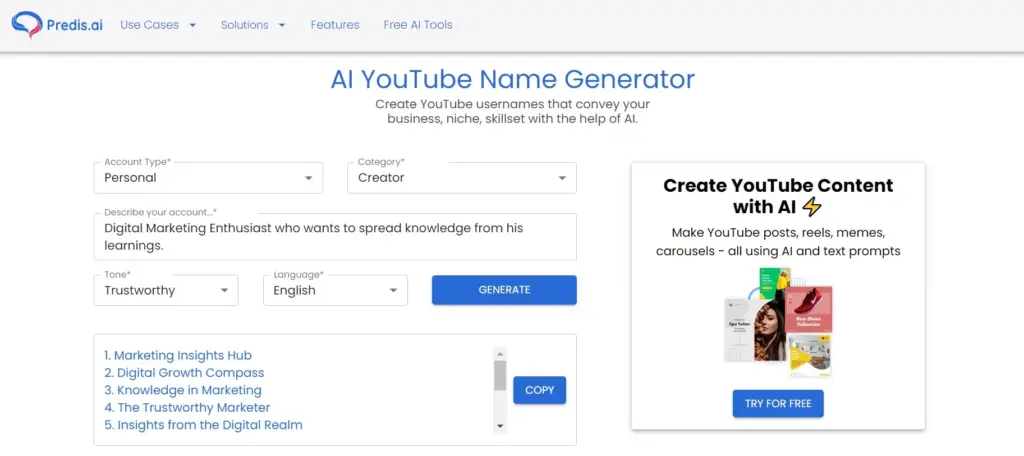 Predis.ai YouTube Name Generator