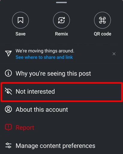 Click Not interested option to remove post from feed