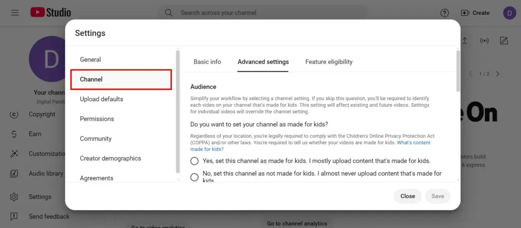 Advanced settings in Channel tab