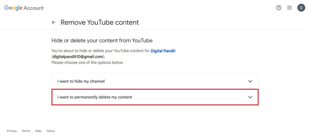 Hide or delete your content option in Remove YouTube content tab