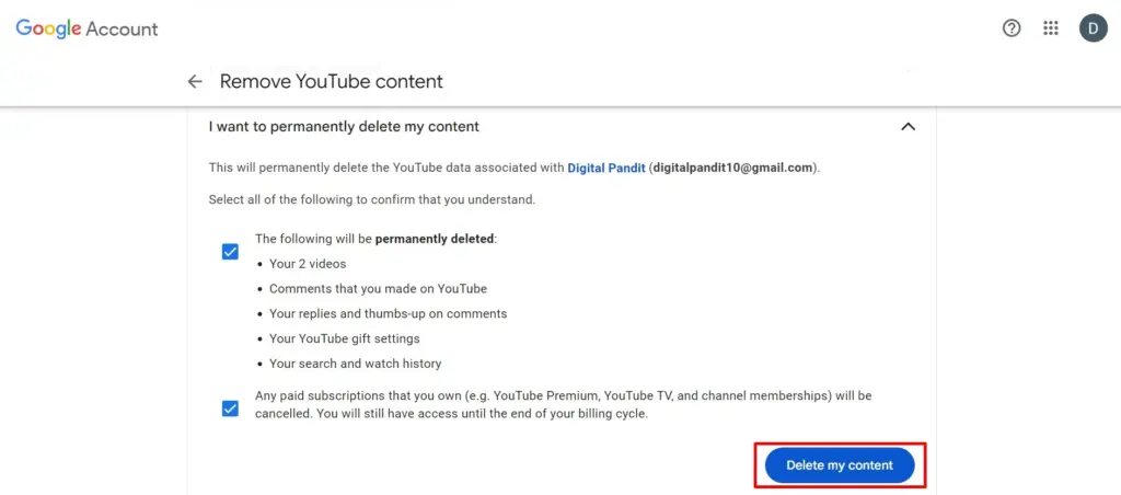 available actions to delete YouTube content