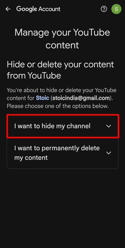 Choose hide my channel option