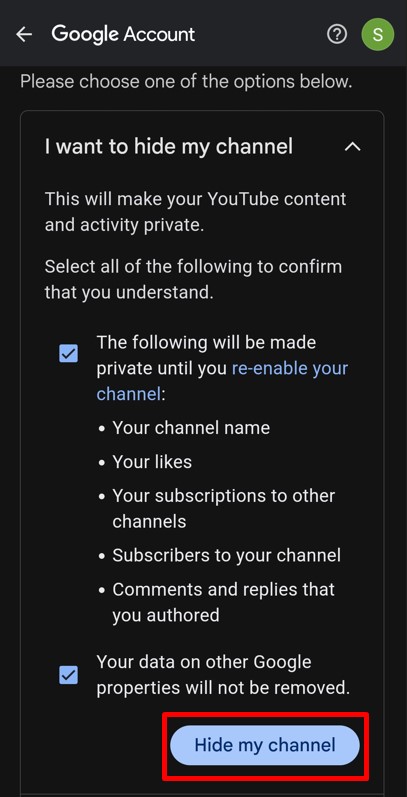 Check boxes to confirm and click Hide my channel