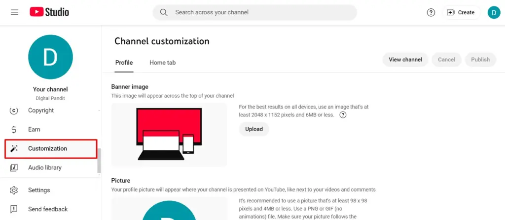 Channel Customization option in YouTube Studio