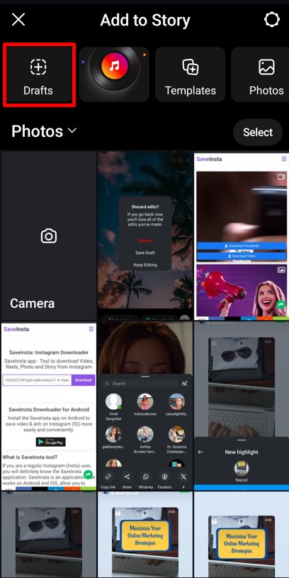 Drafts option in Instagram stories