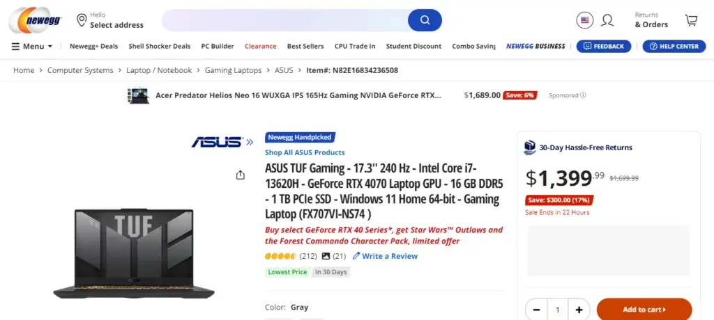 Newegg product description on its product page