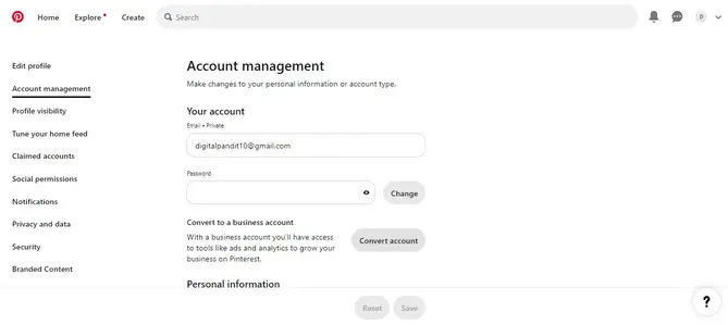 Pinterest Account Management settings