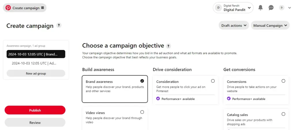 Campaign objectives tab in Pinterest