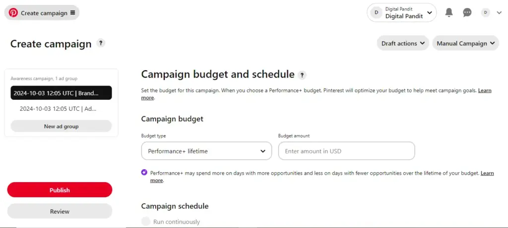 campaign budget and schedule option in Pinterest