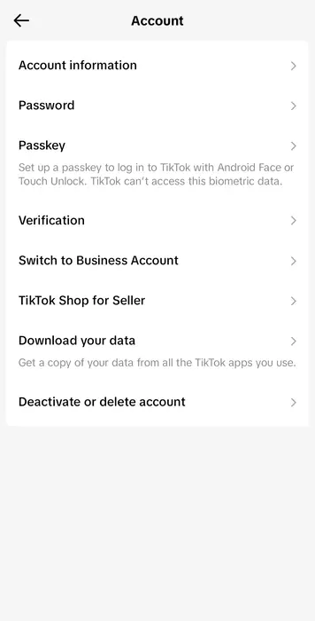 TikTok account settings