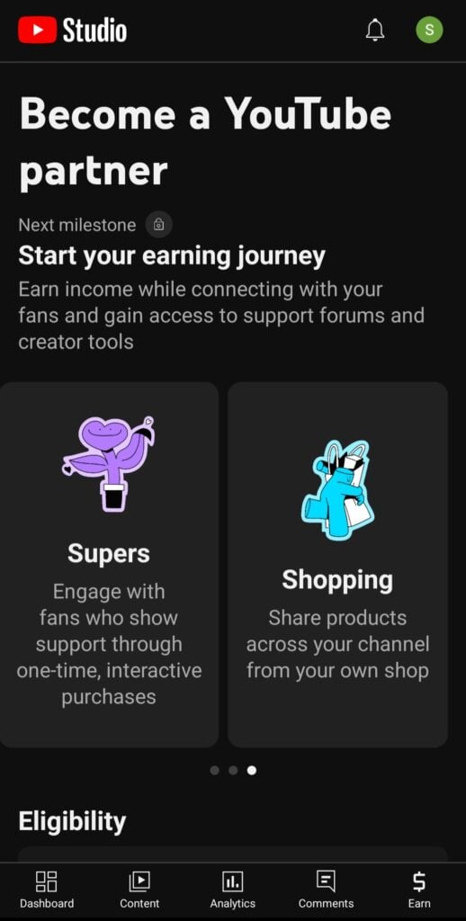 Earn option in Toutube studio