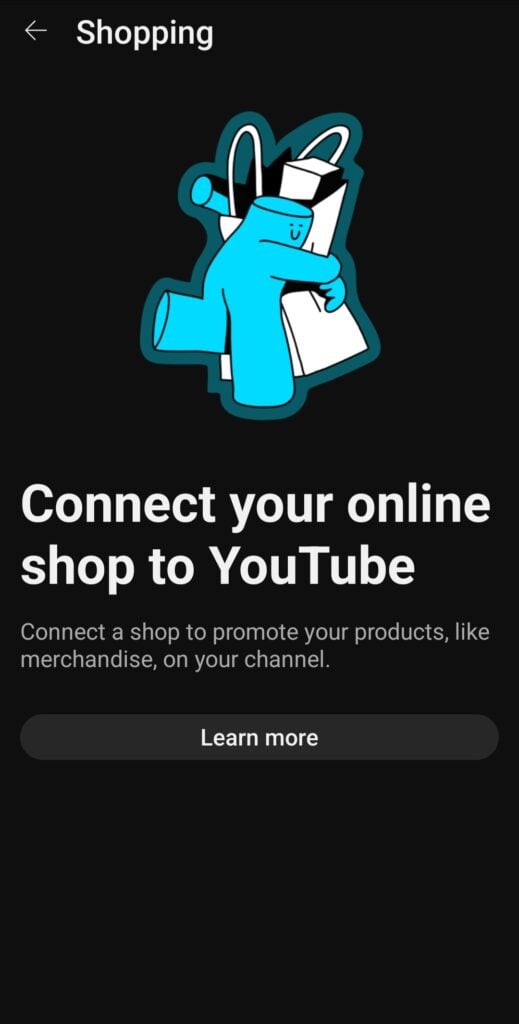 Shopping tab of Youtube studio